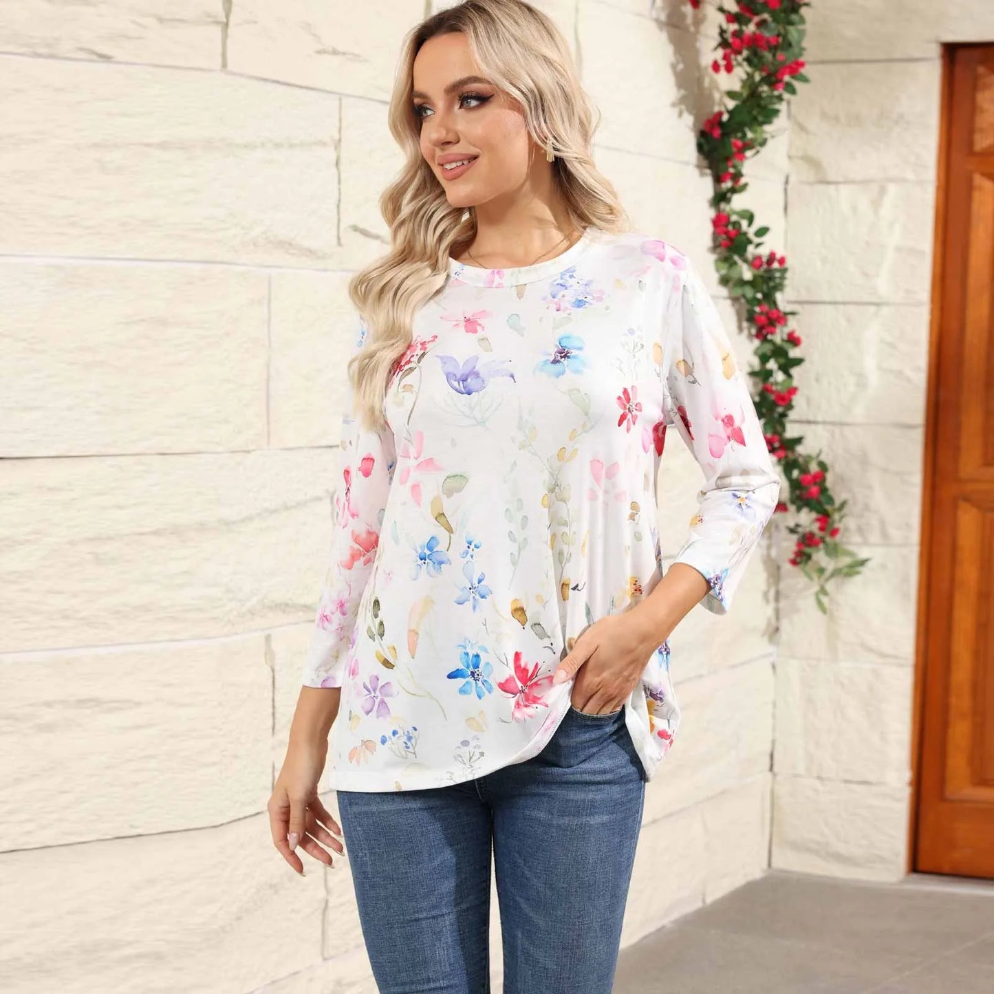 2024 Women Summer Tops Comfortable T Shirt Fashion Flower Print Round Neck 3/4 Sleeve Tops Soft Versatile Pullover Ropa De Mujer
