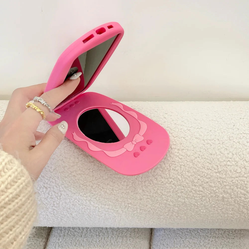 Cute 3D Hot Pink Bow Cellphone Model Flip Mirror Silicone Cases For iPhone 15 14 13 12 Pro Max 11 Shockproof Soft Cover Gifts