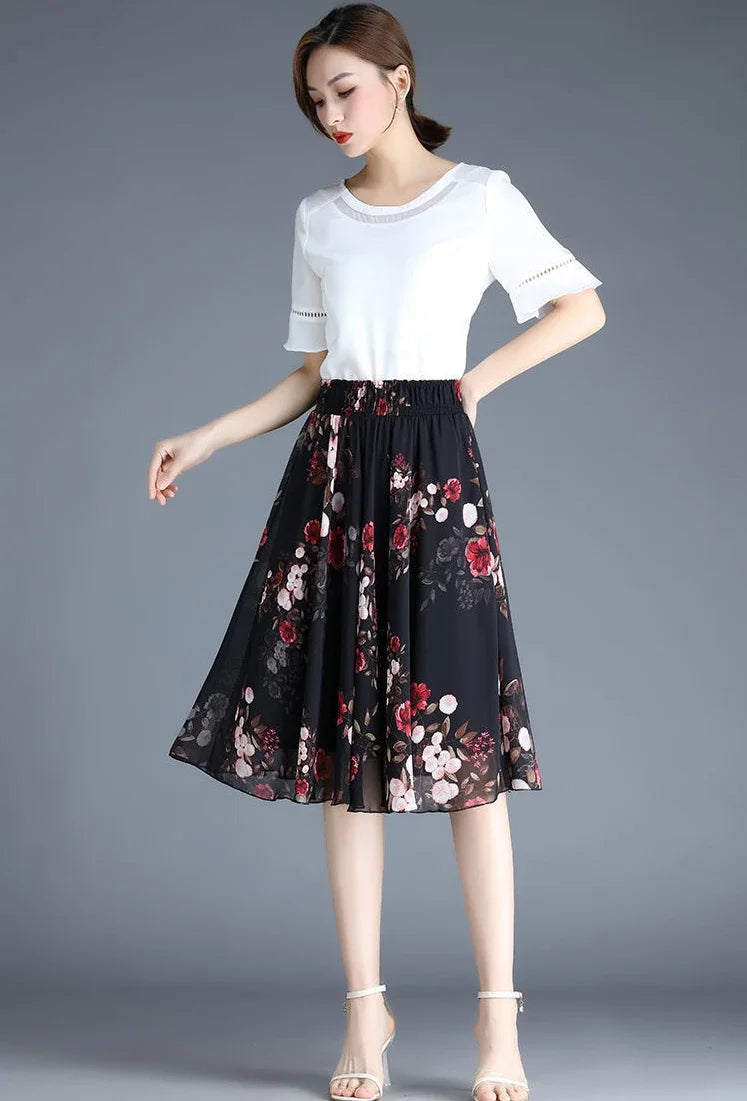Skirts for Women Chiffon Woman Skirt Floral Midi Summer Casual New In Clothing Sales Modest Luxury Elegant High Quality V Cheap