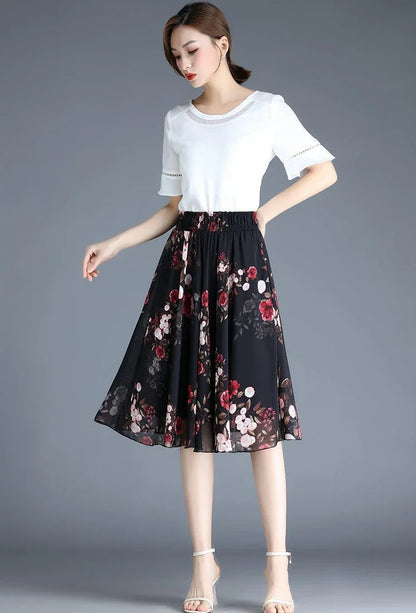 Skirts for Women Chiffon Woman Skirt Floral Midi Summer Casual New In Clothing Sales Modest Luxury Elegant High Quality V Cheap