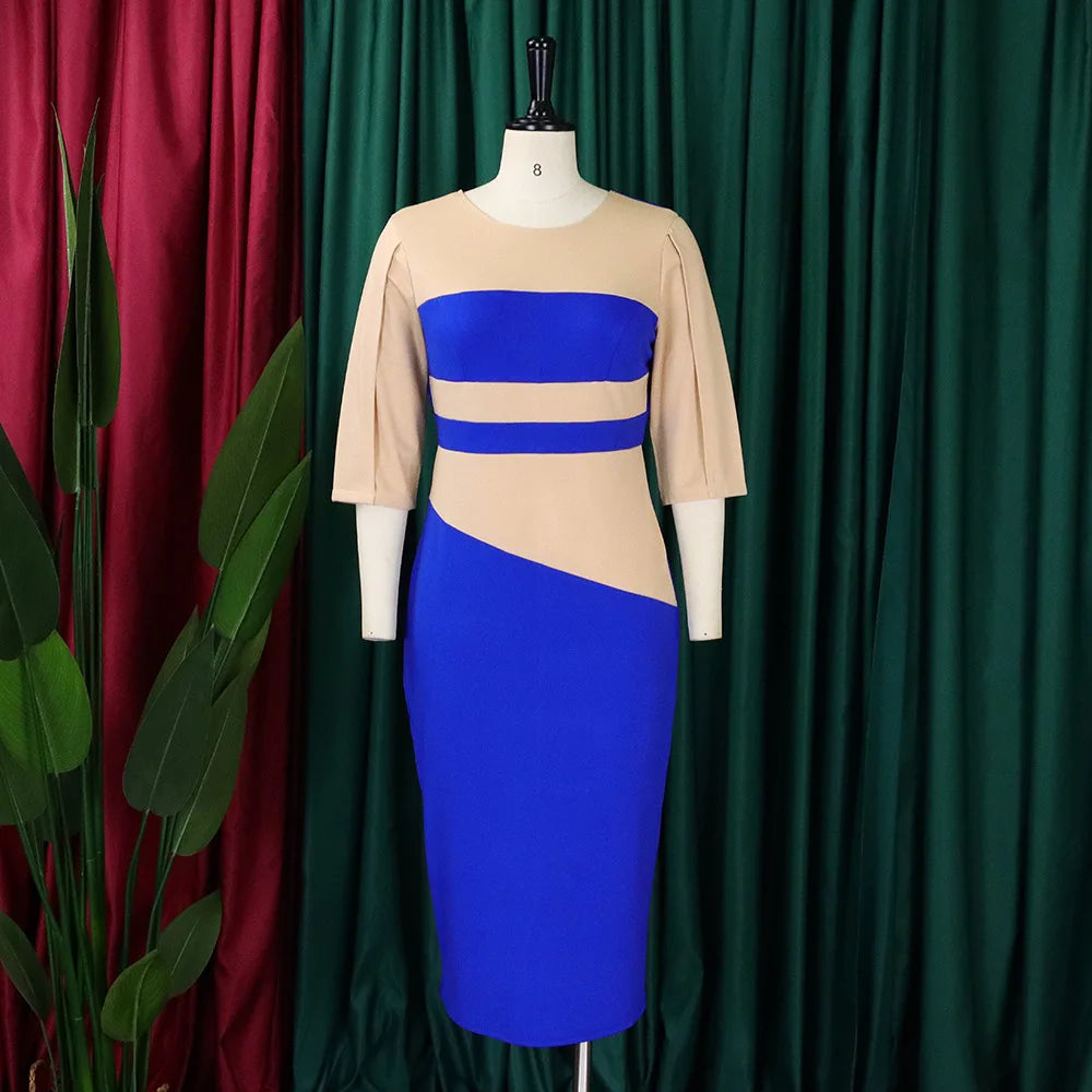 Elegant Church Dresses for Women 2023 New Arrivals Fashion Two Color Patchwork Fitted Ladies Knee Length Formal African Dress