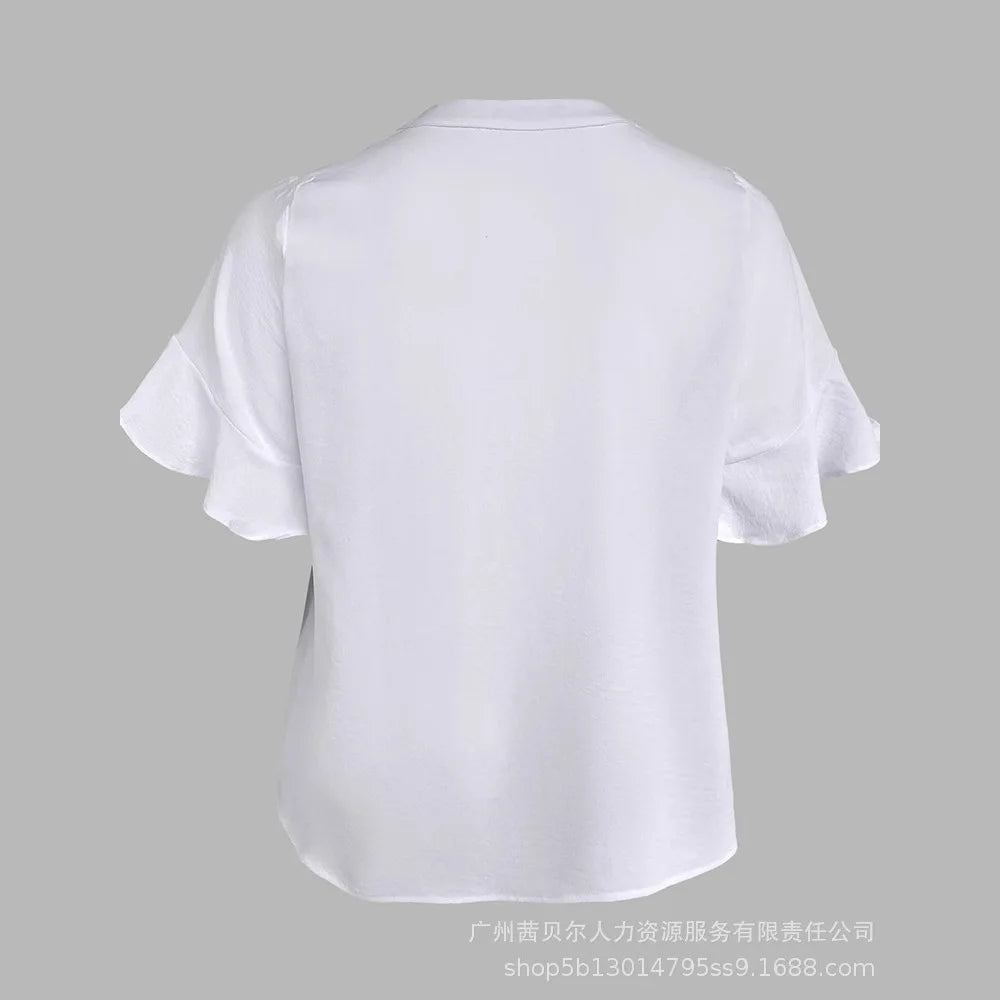 Tops Women Blouse Top Flare Sleeve V Neck Summer Casual Loose Bell Sleeve Work Simple Tees Y2k Streetwear Elegant Splice 2025