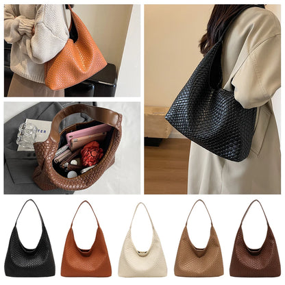 Women Large Shoulder Bag with Pouch Top Handle Bag Trendy PU Woven Tote Bag Leather Armpit Handbag Commuting Bag