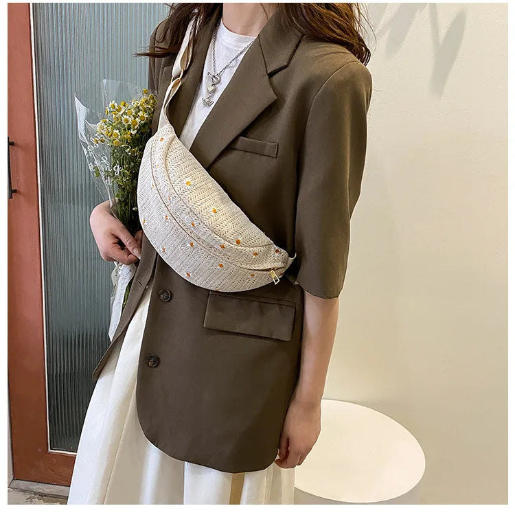 Women's Waist Bag Straw Woven Ladies Shoulder Crossbody Bags for Women 2023 Summer Fanny Pack Fashion Phone Female Chest Bag