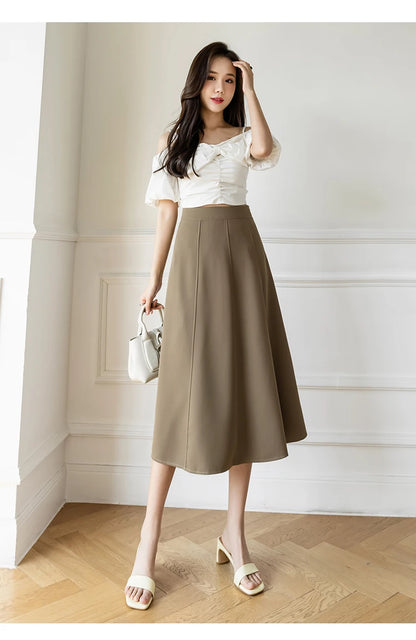 Women's Skirt 2025 Spring Women High Waist Solid Vintage Girl's Waist Down Skirt Knee-length A-line Fashion Thin Skirt for Women