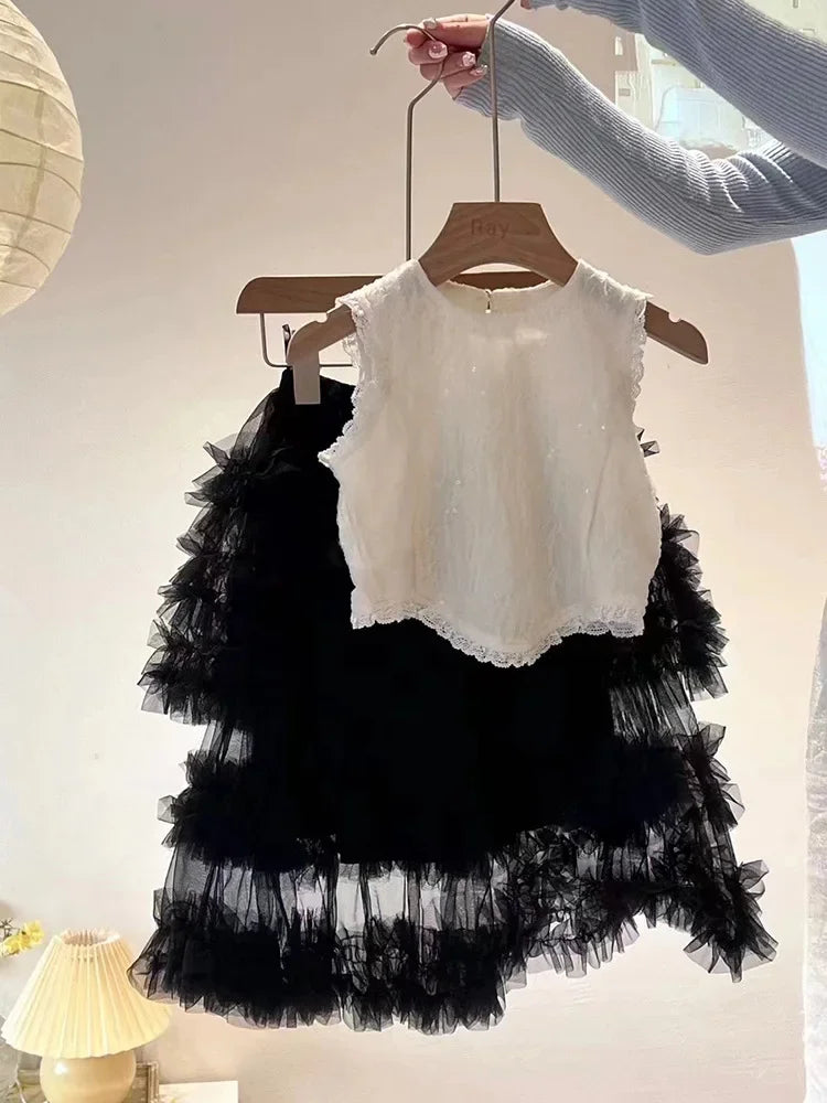 Skirts Sweet Girls Korean New Lace Flower Edge Vest Tops Mesh Yarn Tide Princess Half Length Skirt Tide 2024 Simple Fashion