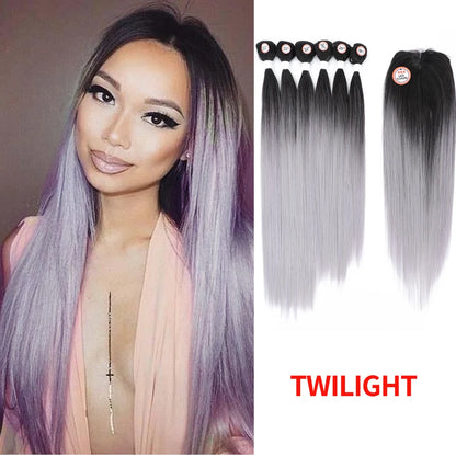 Synthetic Hair Weaving Bundles with 4*4 Clousure Lace Frontal Ombre Wig Natural Wave Straight Hair Extensions Soku Hair Weave