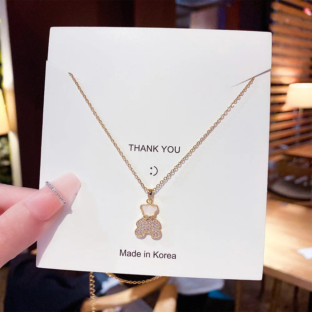 Cute Anime Necklaces For Women Crystal Bear Cartoon Pendant Necklace 2023 Luxury Clavicle Chain Fashion Korean Jewelry Wholesale