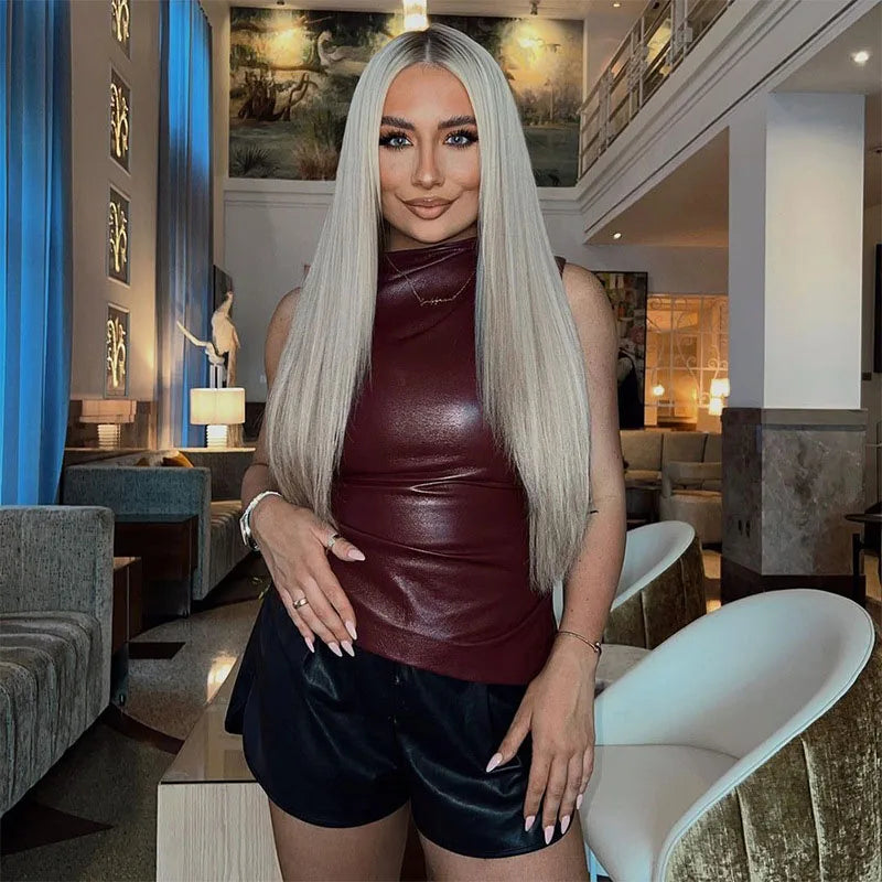 Women Y2K Vintage Pu Simple Basic Tank Top High Waist Skinny Shrunk Slash Cut Sleeveless Tops Versatile Noble Shirts