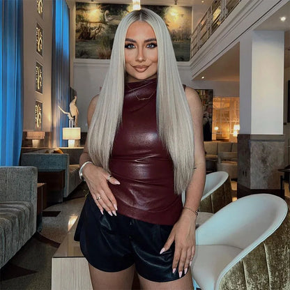 Women Y2K Vintage Pu Simple Basic Tank Top High Waist Skinny Shrunk Slash Cut Sleeveless Tops Versatile Noble Shirts