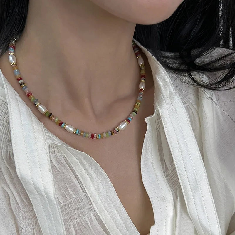 High Quality Colorful Beads Stone Natural Freshwater Pearl Necklaces For Women Retro Gold Color Clavicle Chain Jewelry Gifts