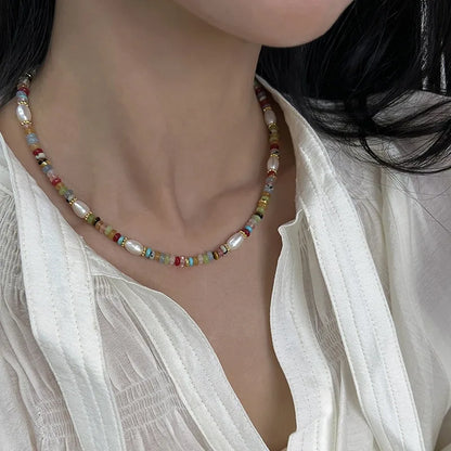 High Quality Colorful Beads Stone Natural Freshwater Pearl Necklaces For Women Retro Gold Color Clavicle Chain Jewelry Gifts