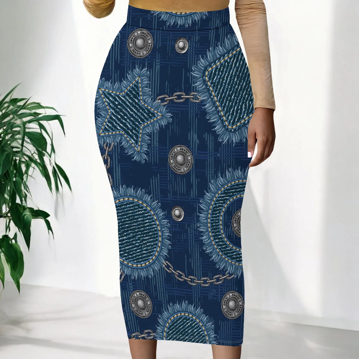 Womens Long Cotton Patchwork Stretch Denim Skirt a Line Flared Jean Maxi Skirt