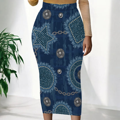 Womens Long Cotton Patchwork Stretch Denim Skirt a Line Flared Jean Maxi Skirt