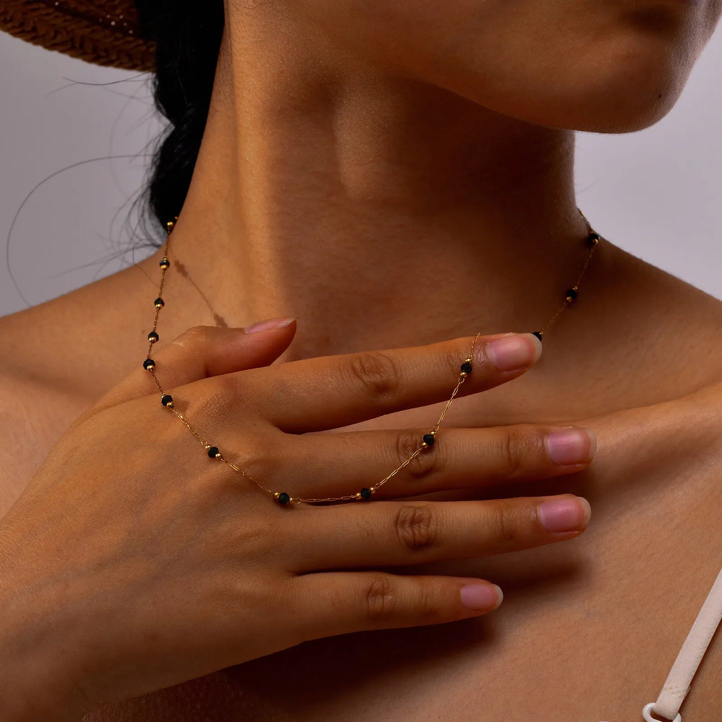 Bohemian Necklace Beaded Strap Chain Women Fashion Lanyard Neck Chain Jewelry Stainless Steel Green/Black Faceted Beads Necklace