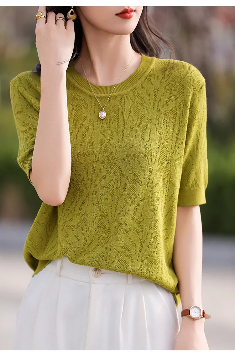 T-shirt Women Tops Summer 2025New Clothing Body O-neck Half Sleeve Tees Shirt  Solid Color Maple Leaf Pattern Casual Fashion Top