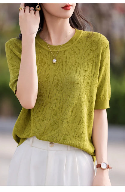 T-shirt Women Tops Summer 2025New Clothing Body O-neck Half Sleeve Tees Shirt  Solid Color Maple Leaf Pattern Casual Fashion Top