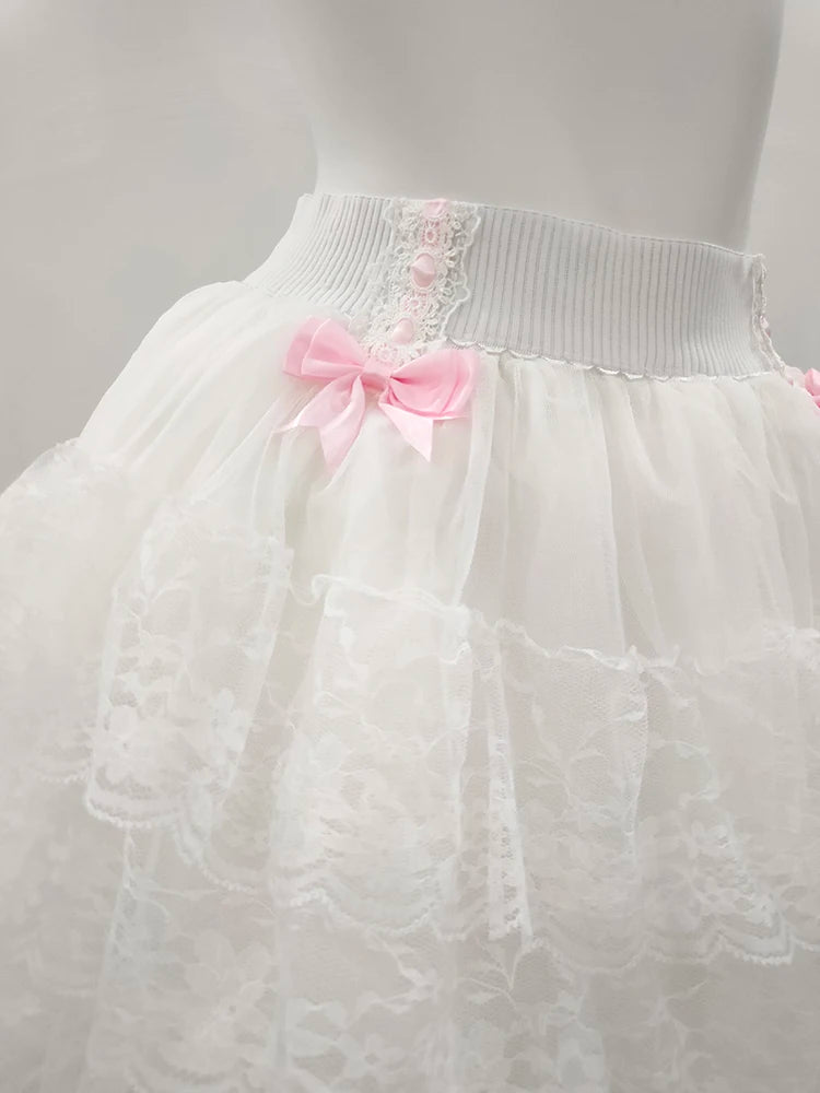Pink Skirts for Sweet Girls Summer Bows Decoration Elastic Waist Lolita Style Multilayered Lace Skirt Kawaii Clothes
