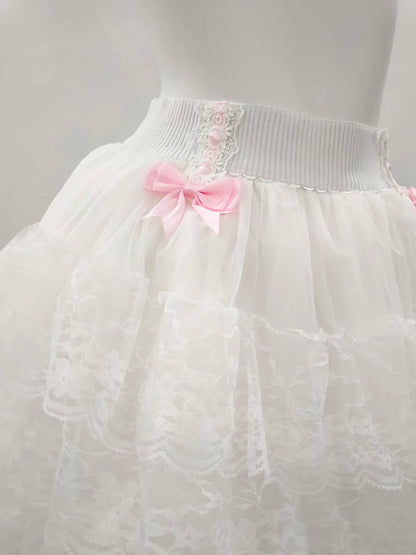 Pink Skirts for Sweet Girls Summer Bows Decoration Elastic Waist Lolita Style Multilayered Lace Skirt Kawaii Clothes