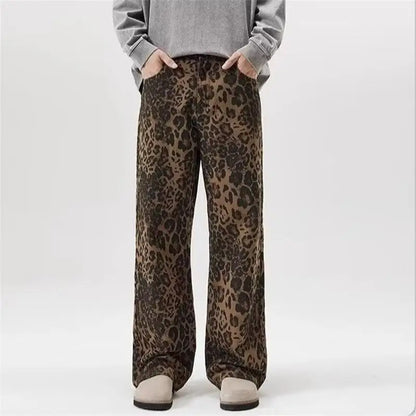 Women's leopard print jeans autumn and winter fashionable versatile loose retro casual pants straight leg wide leg pants