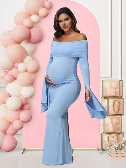 Women Maternity Dresses For Photoshoot Sexy Off Shoulder Long Sleeve Bodycon Pregnancy Baby Shower Maxi Gown
