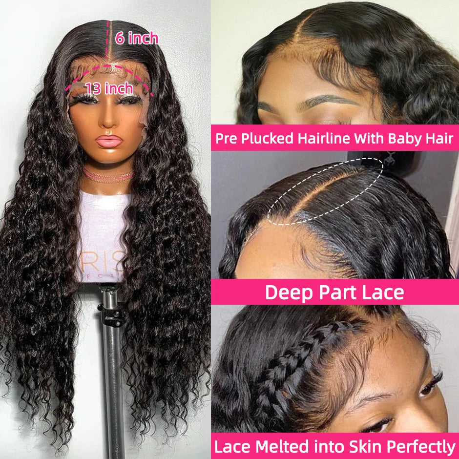 YAWAWE Hair Water Wave 13x6 HD Lace Frontal Wigs Brazilian Wigs 100% Human Hair For Women Deep Curly Wigs preplucked Precut