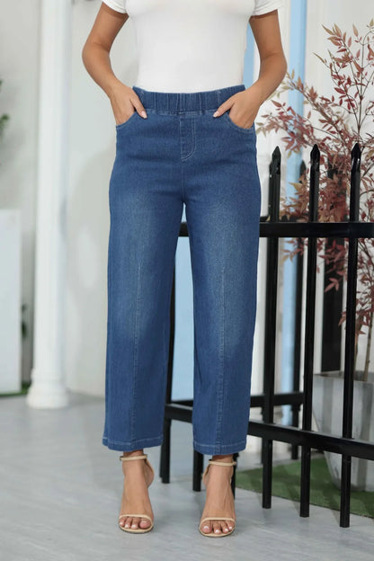 Women Seamed Front Wide Leg Jeans Elastic Waist Stretch Denim Flare Jeans High Waisted Jean Bell Bottom Cropped Pants pantalones