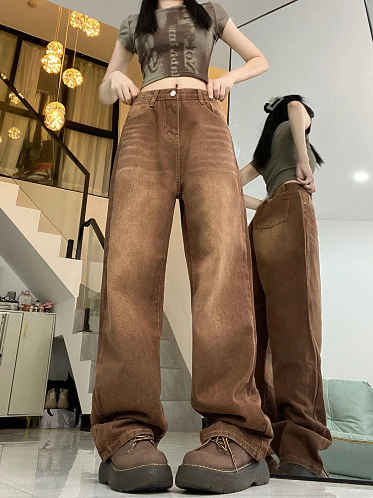 Women Brown Jeans 90s Aesthetic Y2k Vintage Baggy Denim Trouser Fashion Harajuku High Waist Wide Cowboy Pants 2000s Clothes 2023