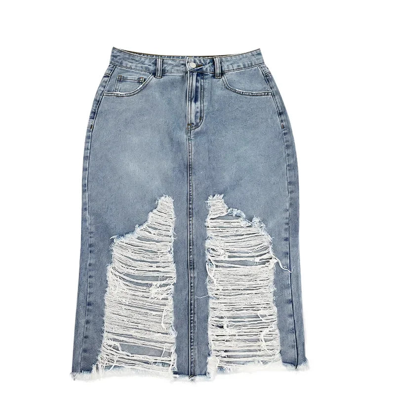 Hole Denim Midi Skirt Women 2024 Spring Summer High Waist Streetwear Sexy Buttocks One Step Skirts Bodycon Vintage Jean Skirts