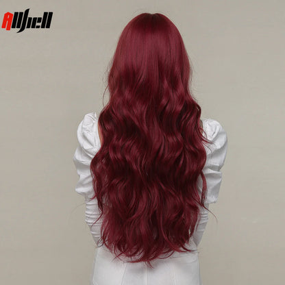 Long Wavy Wine Red Synthetic Wigs Natural Wave Afro Wigs With Bangs for Black Women Cosplay Costume Wig Heat Resistant Fiber