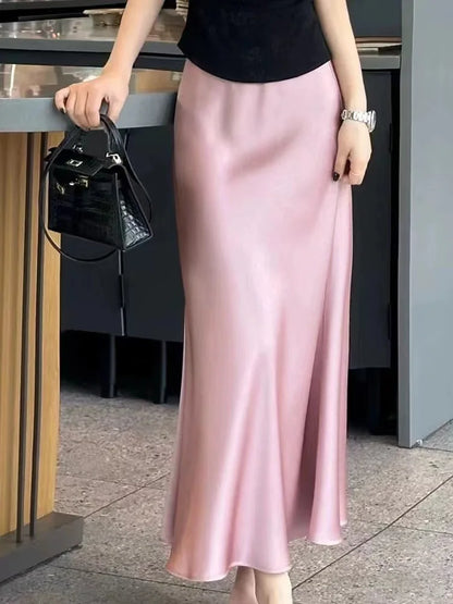 Long Skirts for Women High-waisted Thin Satin Acetate Silky Fishtail Skirt Korean Fashion Clothing Elegant Women's A-line Skirt