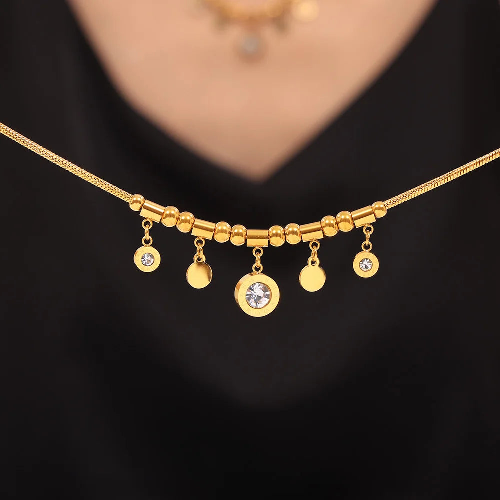 Necklace for Women Round Zircon Roman Pendant Tassel Charm Luxury Gold Plated Stainless Steel Jewelry Wholesale