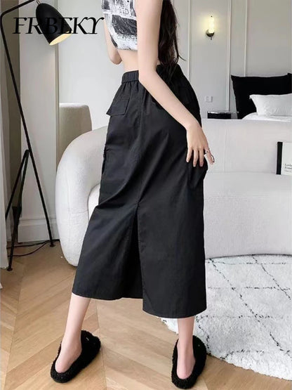 Skirts for Women Spring Summer Drawstring Workwear Half-body Skirt Split Mid-length Skirt Pure Color Package Hip One-Step Skirt