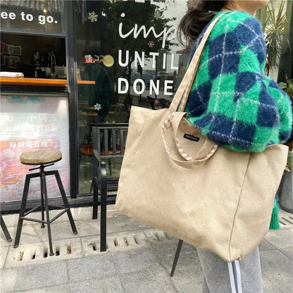 Women Canvas Shoulder Bags Plaid Double-side Large Capacity Handbags Female Shopping Portable Lazy All-match Foldable Tote Bag