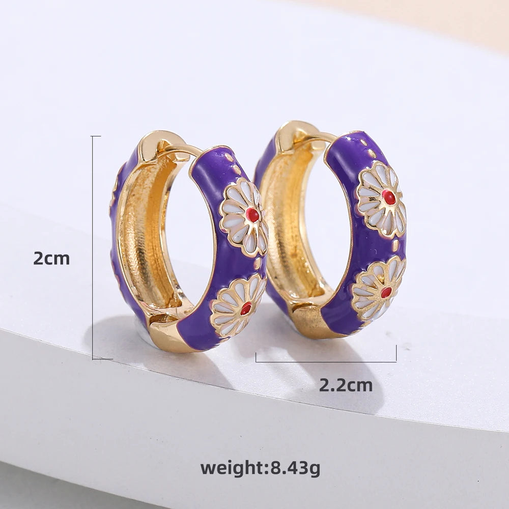 New Fashionable Colorful Round Earrings Retro Metal Enamel Floral Ear Accessories Unique Party Jewelry Gift for Women