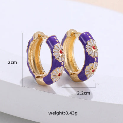 New Fashionable Colorful Round Earrings Retro Metal Enamel Floral Ear Accessories Unique Party Jewelry Gift for Women