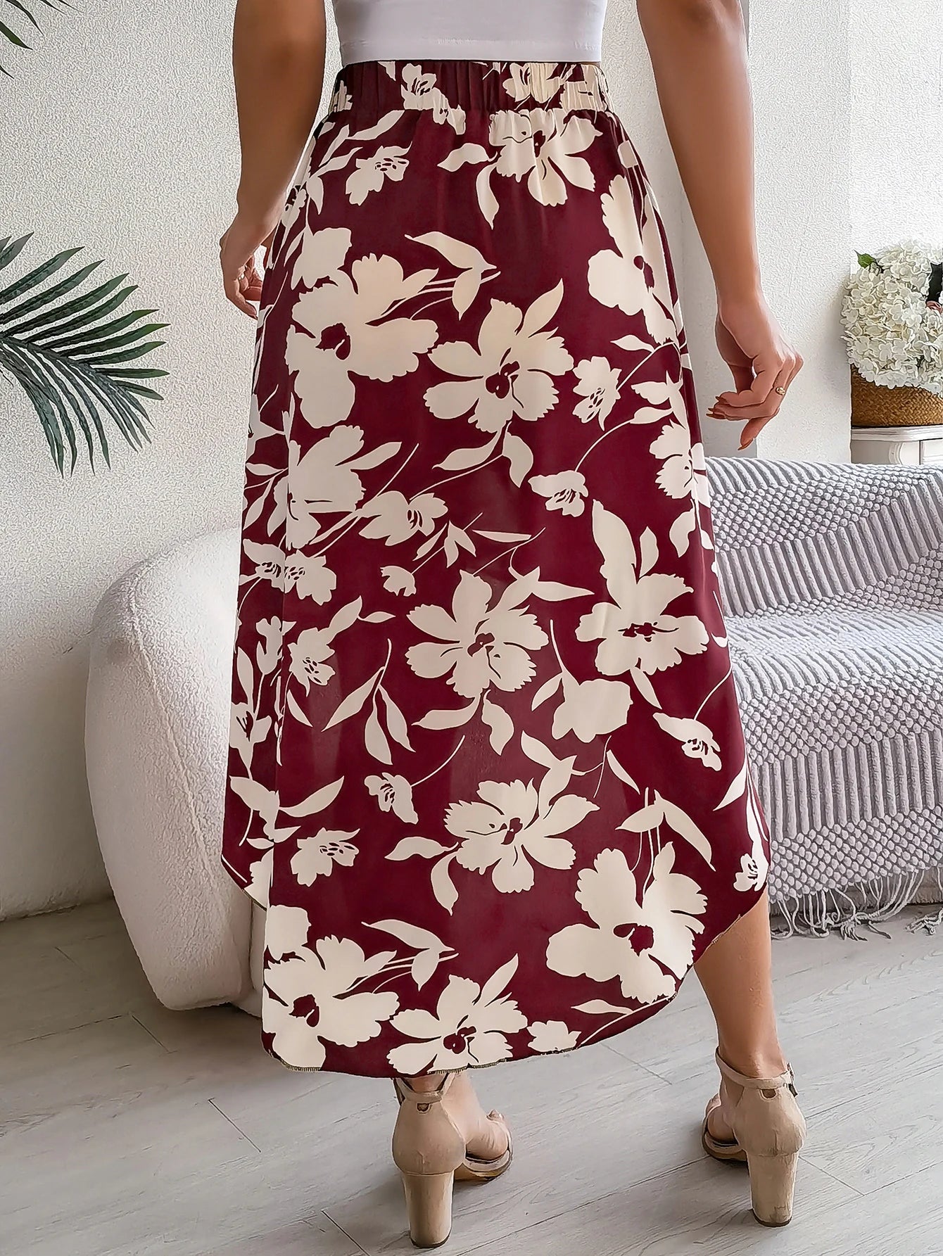 Spring Summer Skirts for Women Casual Floral Print Asymmetric Ruffle Edge Skirt