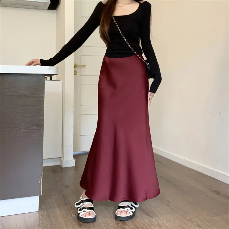 Satin Skirts for Women Korean Reviews Many Girls Clothes Women's 2025 Summer NEW High Waisted Mid Long Skirts Fashion women skir