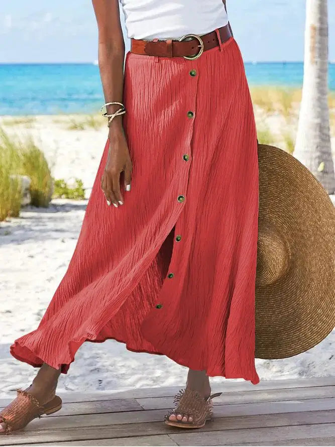 Women Skirt 2025 Spring Summer New Fashion Casual Cotton And Linen Solid Color Buttons Skirt Split A- Line Hip Waist Long Skirt