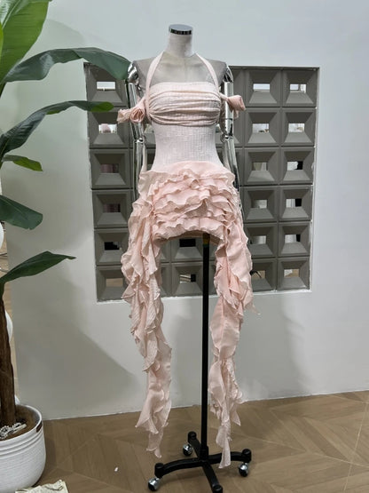 Women Ruffles Draped Dress Three Piece Sets Sexy Halter Neck Folds Ruffled Dress+Lace-up Corset Top+Shorts Suits Party Cocktail