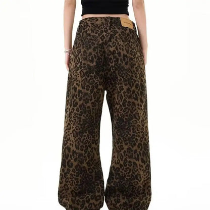 Women's leopard print jeans autumn and winter fashionable versatile loose retro casual pants straight leg wide leg pants