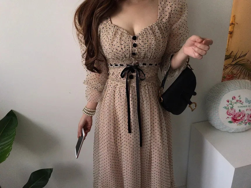 Women Clothing Vestidos Vintage Dress Elegant Square Neck High Waisted Lace Organza Polka Dot Dresses Chic Summer 2025 Slim
