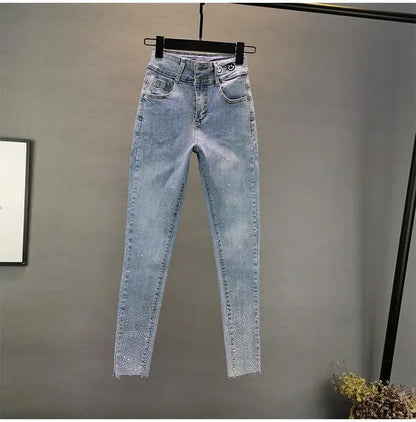 Women's Jeans 2025 Summer New Elastic Slim Heavy Industry Hot Diamond Small Foot Pencil Pants Female Casual Denim Trousers