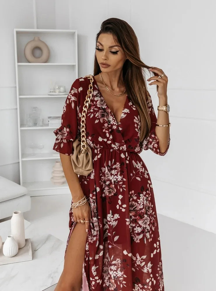 Women Dresses Sexy V Neck Retro Print Chiffon Maxi Dress Fashion Elastic Waist Side Splits Robe Elegant Long Sleeve Loose Dress