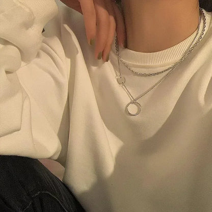 Geometric Circle Necklace for Women Fashion Hip-hop Double Layered Choker Collarbone Chains Niche Design Trendy Sweater Chain