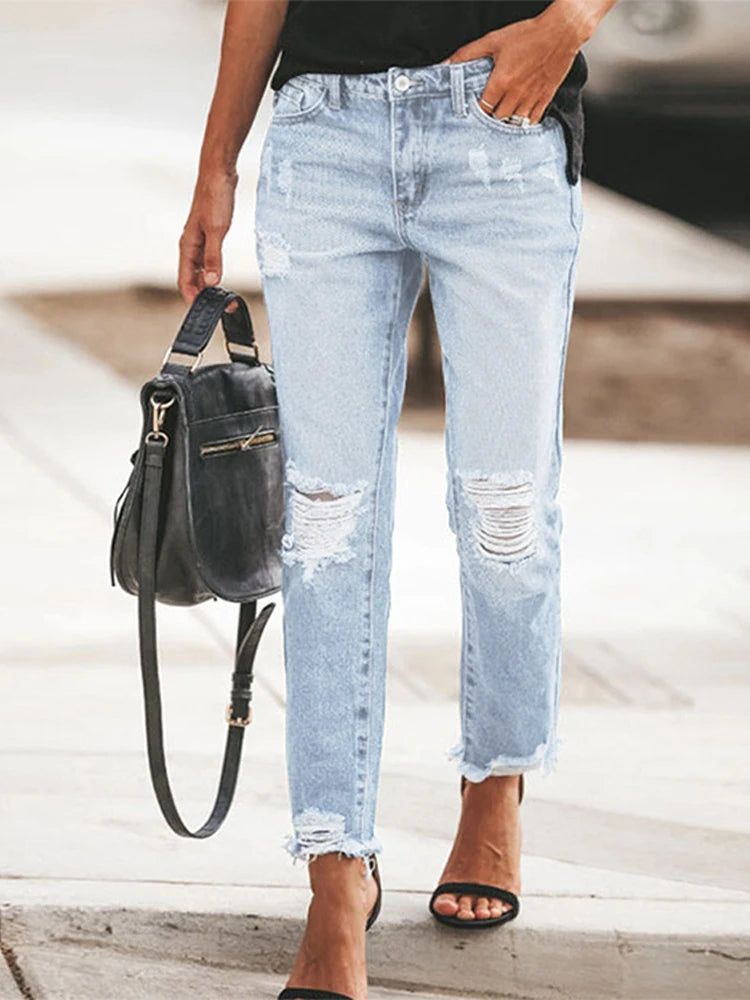 Women‘s Fashion Straight Jeans Casual High Waisted Washed Skinny Trousers Ripped Slim Pants For Lady Commuter 2025 Fashion Trend
