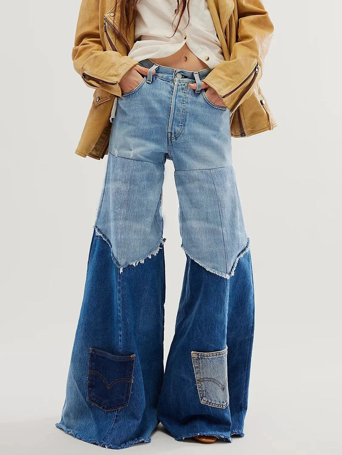 Women's High Waist Jeans 2025 Spring Wide Leg Colorblock Patchwork Denim Trousers with Pockets Casual Streetwear Fashion