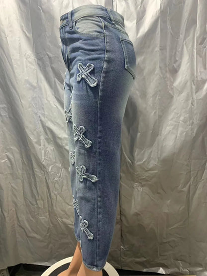 Fashion Women Cotton Jeans High Waist Vintage Wash Denim Tassels Cross Trousers Y2K Streetwear Straight Leg Pants 2024