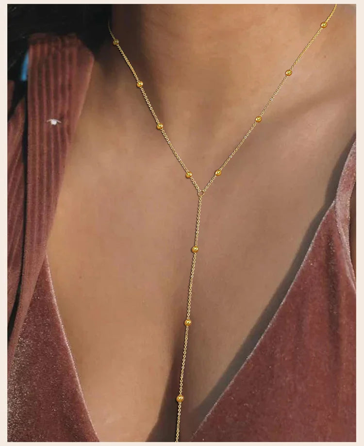 Y-Shaped Round Bead Necklaces for Women Simple Metal Double Laryered Long Chain Drop Pendant Choker Necklaces Fashion Gifts