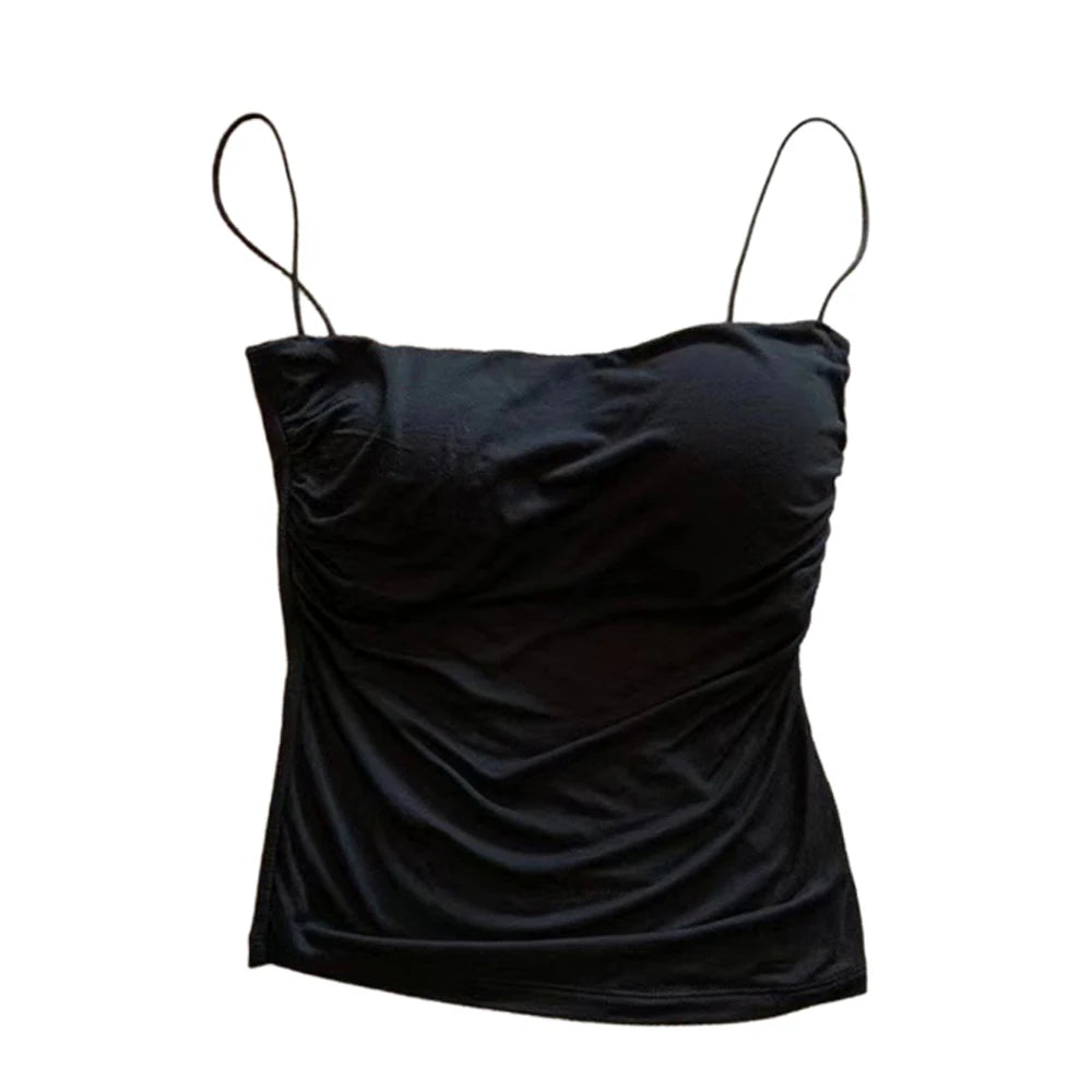 Sleeveless Tees Tank Tops For Women Camisole Vest Cropped Top Slim Fit Solid Color Spaghetti Strap Built In Bra Women Clothes